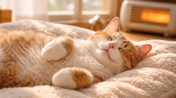 暖房の効いた室内で毛布の上に寝転ぶ飼い猫。室温管理が低体温症予防につながることを示すイメージ