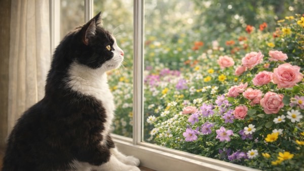 窓辺から庭の花を眺める猫。直接触れない形で花を楽しむ、安全な付き合い方の一例
