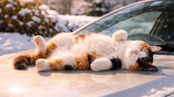 雪の残る屋外で車のボンネットの上に寝転び、暖かさを感じてくつろぐ猫。寒い季節に車が猫にとって魅力的な暖房代わりになることを示すイメージ