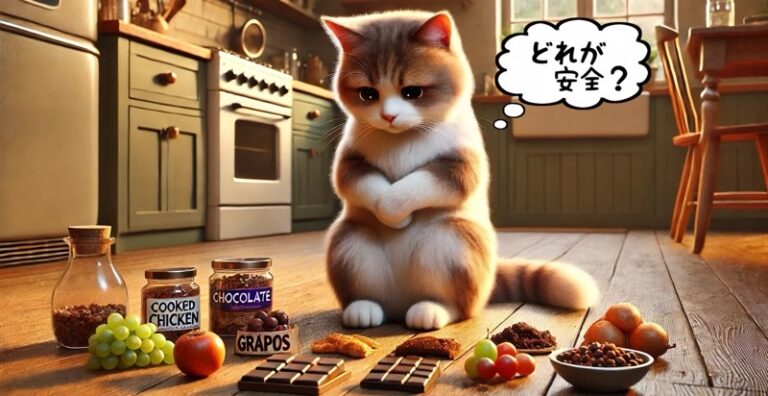 猫にとって安全な食べ物を迷いながら考えている様子の猫と、チョコレートやブドウなど危険な食品が並ぶキッチンのイメージ