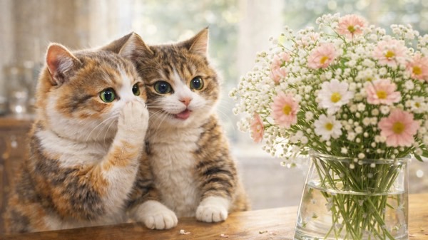 花瓶に飾られた切花を前に、ひそひそ話をするような仕草の2匹の猫。可愛い見た目とは裏腹に、猫と花の安全性を考えさせるシーン