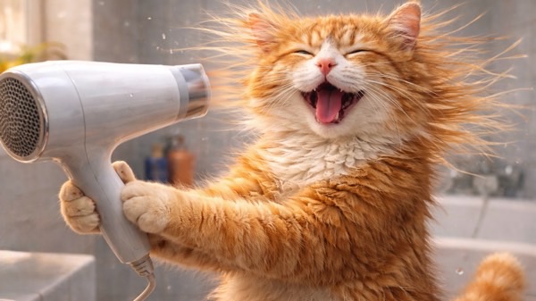 ドライヤーの温風で体を乾かす猫。低体温症対策には体を蒸らしたままにしないよう注意が必要であることを示すイメージ