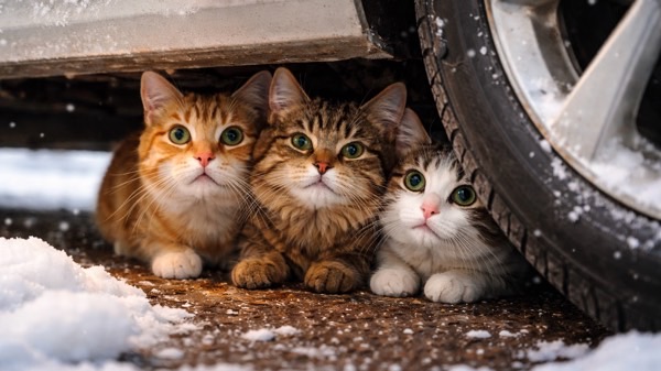 車の下に身を寄せて隠れている複数の猫。寒い季節に猫が車の下へ入り込む危険性を伝えるイメージ