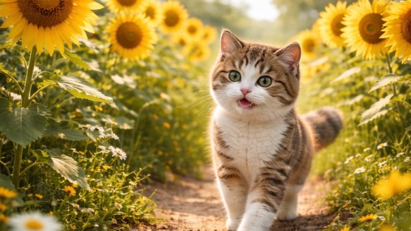 ひまわり畑の中を歩く猫。猫にとって比較的安全とされる花でも、屋外では誤食や農薬に注意が必要なことを示すイメージ
