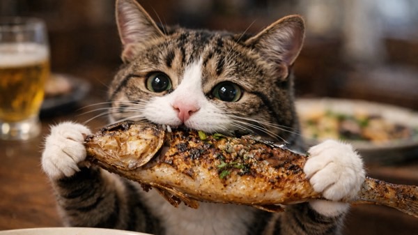 焼き魚を夢中でかじる猫の様子と、魚の骨が猫にとって危険になる可能性を示す注意喚起イメージ