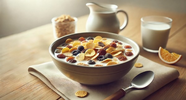 ドライフルーツ入りシリアルと牛乳が並ぶ朝食風景と、ブドウ・レーズンが猫に有害であることを伝えるイメージ