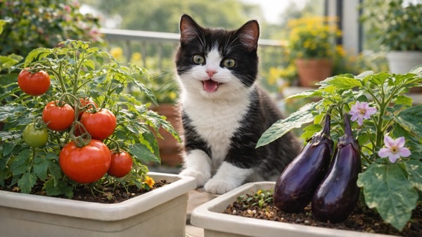 家庭菜園のトマトとナスの鉢の前に座る猫。ナス科植物は猫に有害な場合があり、家庭菜園でも注意が必要