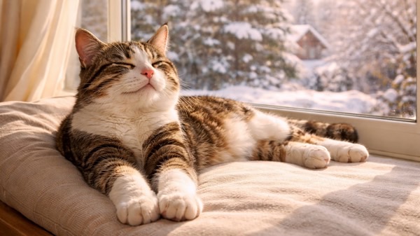 冬の窓際で日向ぼっこを楽しむ猫。日差しの入る暖かい場所を本能的に選ぶ猫の行動