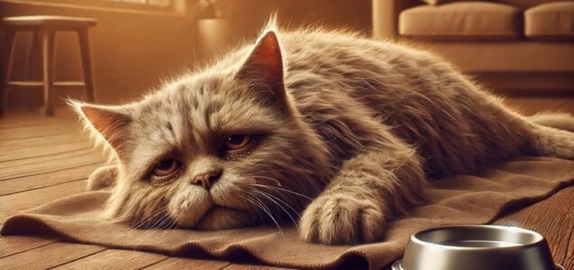 床に伏せてぐったりしている猫と水の入った食器。異変が見られた場合は、早めに動物病院へ相談する必要性を示すイメージ