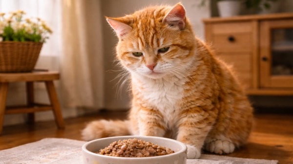 食事を前に元気のない様子の猫。体調不良が見られる場合は、植物の誤食も含めて注意が必要