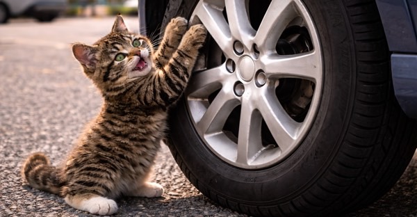 車のタイヤで爪とぎをする子猫。子猫が遊び感覚で車周りに近づく春先の注意点を示すイメージ