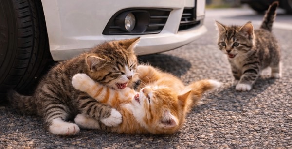 駐車中の車の前でじゃれ合う子猫たち。子猫シーズンに車周辺で起こりやすい危険な状況を表現
