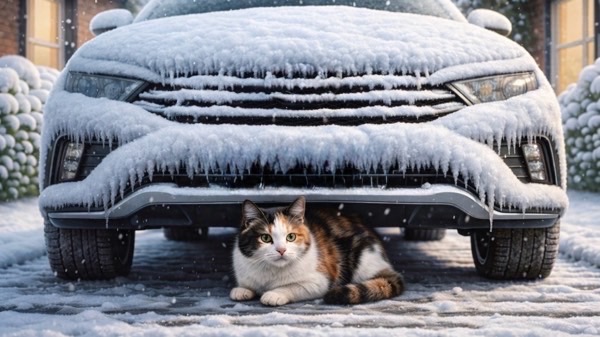 雪の積もった車の下で暖を取る三毛猫。冬場に車の下が猫にとって危険な隠れ場所になることを示すイメージ