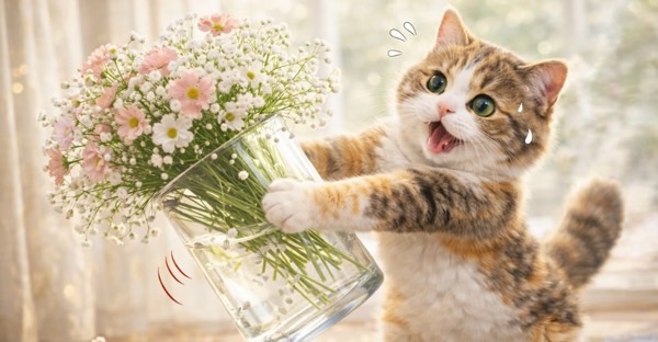 花瓶を倒しそうになり慌てた表情の猫。切花は倒れた際の水や花粉にも注意が必要であることを表した場面