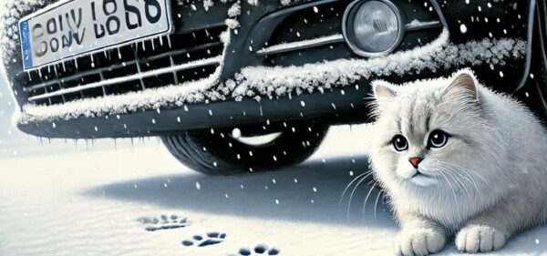 雪道で車の下にうずくまる猫と足跡。冬場に猫が車の下で暖を取ることで起こり得る事故への注意喚起イメージ