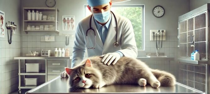 動物病院で診察を受ける猫。危険な植物を誤って口にした疑いがある場合は、速やかな受診が重要