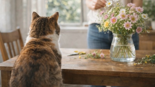 テーブルに置かれた切花を、少し距離を取って見つめる猫。飼い主が花を整える様子と、猫との安全な距離感を表した場面
