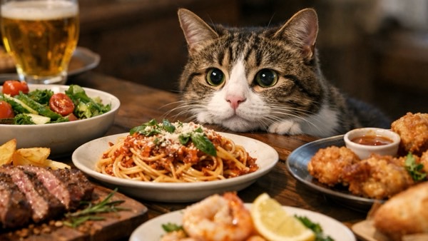 人間の食事(パスタや揚げ物、アルコール)を前に、興味津々で覗き込む猫の危険な食べ物への好奇心を表した写真風イメージ
