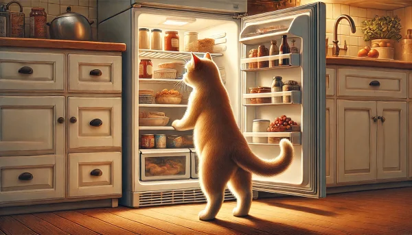 冷蔵庫を開けて中身をチェックする猫の後ろ姿と、家庭内にある人間用食品への注意をイメージしたシーン