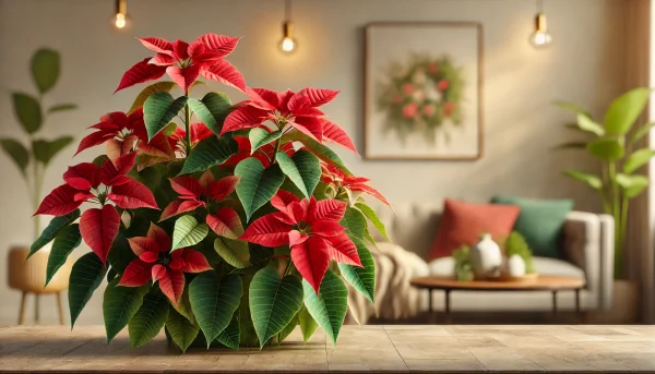 室内に置かれたポインセチア。見た目は華やかでも、猫にとっては葉や茎に毒性があるため注意が必要な植物
