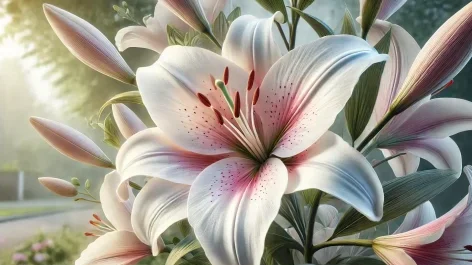 屋外で咲くユリの花のアップ。猫にとっては花粉や葉にも強い毒性があるため注意が必要な植物の例