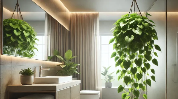 バスルームに吊るされた観葉植物。猫が普段立ち入らない場所に植物を置く工夫の一例