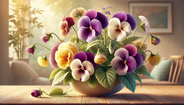 室内のテーブルに飾られたパンジーの花。猫に安全とされる花でも、切花は管理状態に注意が必要な例