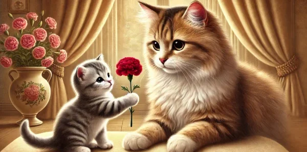 子猫が母猫にカーネーションを差し出すイラスト。母の日に贈られることの多い花だが、猫には注意が必要な切花の一つ