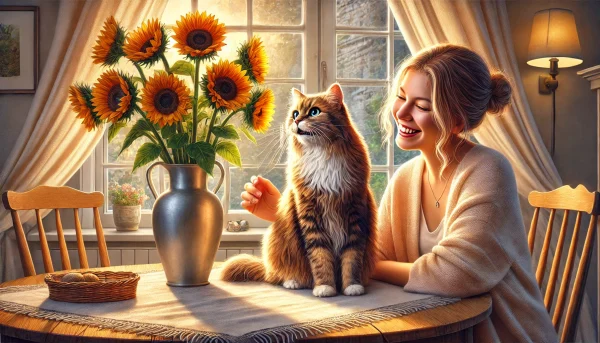 ひまわりを飾った室内で飼い主と並ぶ猫。人と猫が安全な距離を保ちながら花を楽しむ理想的なイメージ