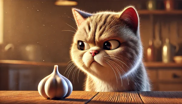 にんにくを前に不快そうな表情を見せる猫のアップと、ネギ類が猫に危険であることを伝えるイメージ