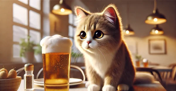 ビールグラスを前に座る猫と、アルコールが猫にとって危険であることを視覚的に伝えるシーン