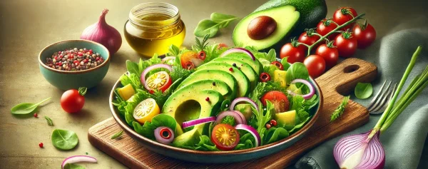 アボカドや野菜サラダの盛り付けと、健康そうに見えても猫には有害な食材が含まれることを表現した写真風イメージ