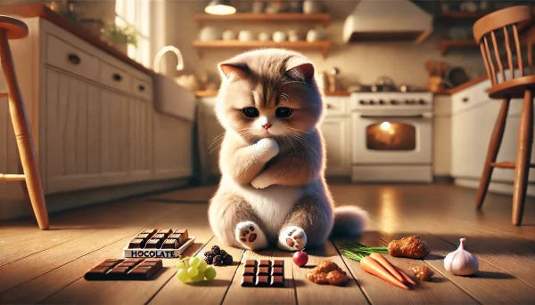 チョコレートやブドウ、野菜などを前に悩む猫の姿と、猫が食べてはいけない危険な食品をまとめて示した注意喚起イメージ