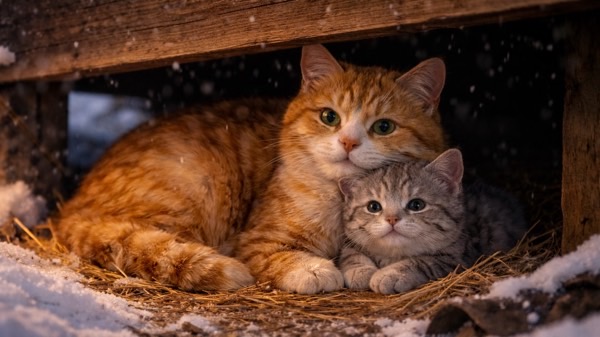 冬の寒さを避け、雪の降る屋外で身を寄せ合う野良猫の親子。低体温症のリスクが高い冬の屋外環境を表している