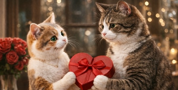 バレンタインを連想させるハート型のプレゼントを持つ猫たちと、チョコレートが猫にとって有害であることを示唆するシーン