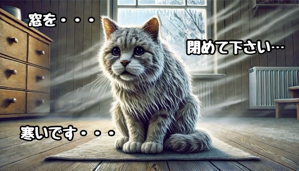 換気中の寒い室内で震える猫。室内飼いでも冷気によって低体温症が起こる可能性があることを示す例