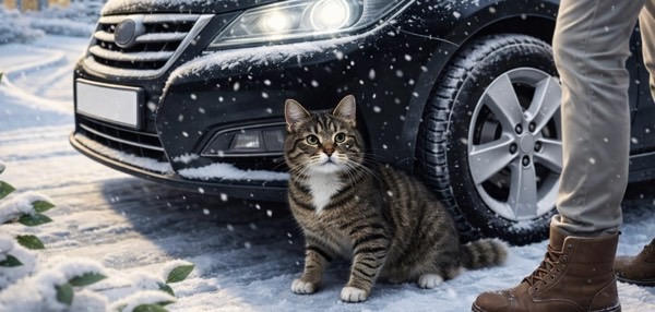 雪の残る駐車場で車の前に座る猫。車の周囲に猫が潜んでいないか確認する重要性を伝える場面
