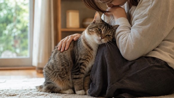 飼い主に寄り添い安心した表情を見せるキジトラ猫