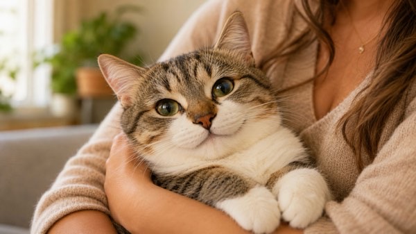 飼い主に抱っこされて穏やかな表情を見せるキジトラ猫