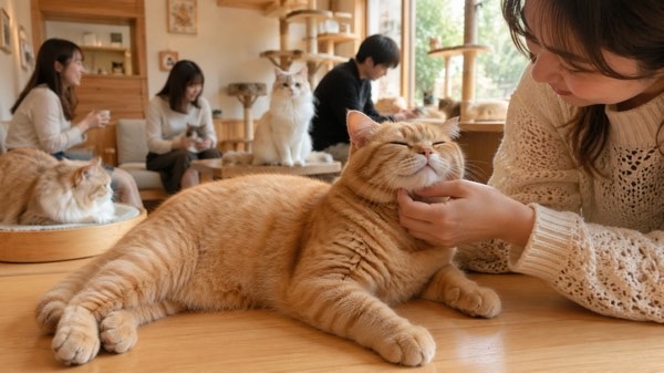 猫カフェで顎の下を撫でられてうっとりする茶トラ猫