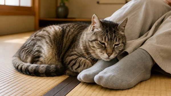 飼い主の足元に寄り添い安心した表情でくつろぐ猫