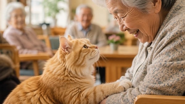 老人ホームでおばあさんと優しく触れ合うセラピーキャット