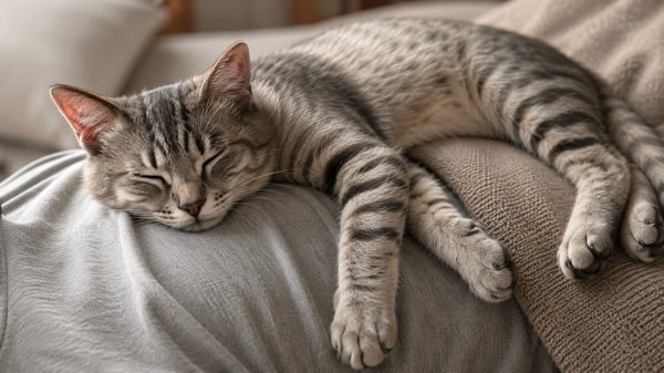 飼い主のお腹の上で全身を伸ばして眠る猫