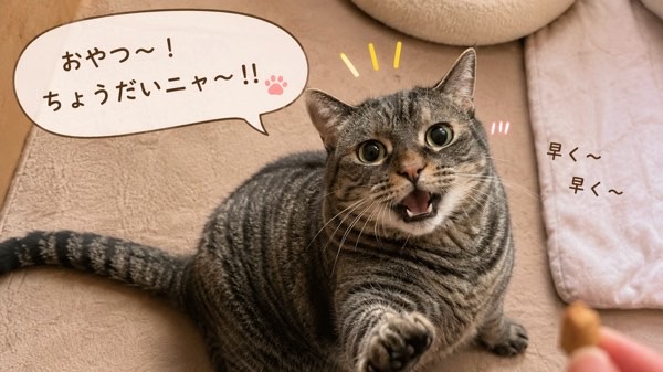 おやつをおねだりしながら前足を伸ばすキジトラ猫の可愛い催促