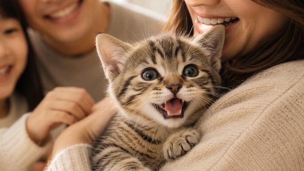 飼い主の腕の中で嬉しそうな表情を見せる子猫