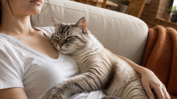 飼い主の胸元に寄り添い、安心した表情で眠る猫