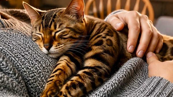 飼い主のお腹の上で気持ちよさそうに眠るベンガル猫