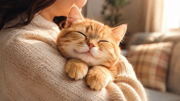 飼い主の腕の中で幸せそうに眠る茶トラ猫のリラックスした表情