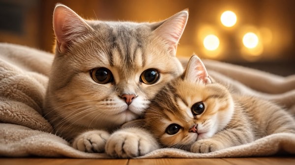 寄り添いながら安心した表情を見せる親子猫
