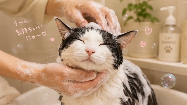 シャンプーされながら気持ちよさそうに目を細める白黒猫